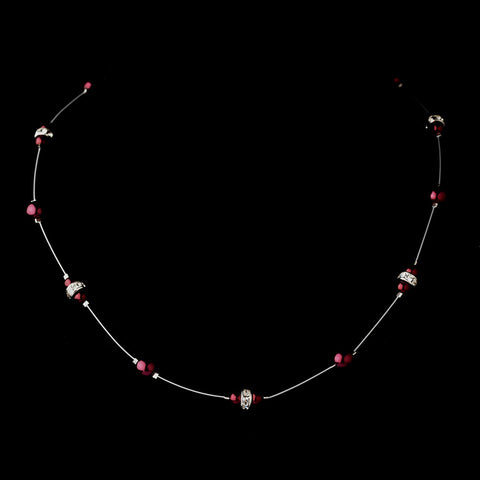 Silver Burgundy Czech Glass Pearl & Clear Rhinestone Rondelle Bridal Wedding Necklace 8805