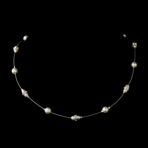 Silver White Czech Glass Pearl & Clear Rhinestone Rondelle Bridal Wedding Necklace 8805