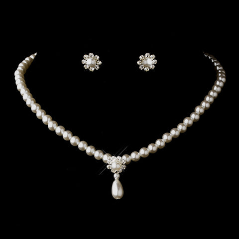 Silver White Glass Pearl & Clear Rhinestone Rondelle Drop Bridal Wedding Necklace 9062 & Bridal Wedding Earrings 7202 Bridal Wedding Jewelry Set