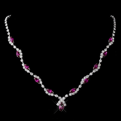 Silver Fuchsia Marquise & Clear Round Bridal Wedding Necklace 9341