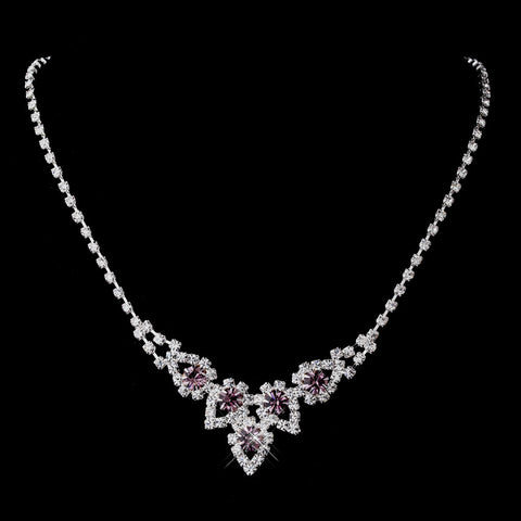 Silver Light Amethyst & Clear Round Rhinestone Bridal Wedding Necklace 9381