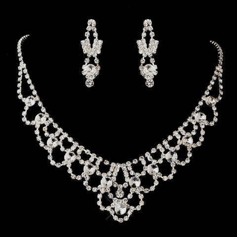Silver Clear Round Rhinestone Statement Bridal Wedding Jewelry Set 7087
