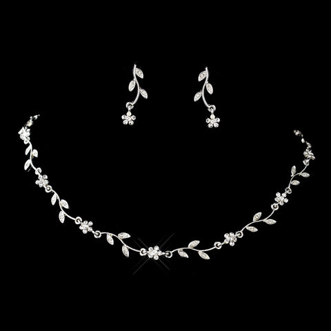 Silver Clear Round Rhinestone Floral Bridal Wedding Jewelry Set 7545