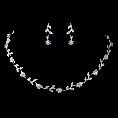 Silver Light Blue Rhinestone Floral Pattern Bridal Wedding Jewelry Set 7545