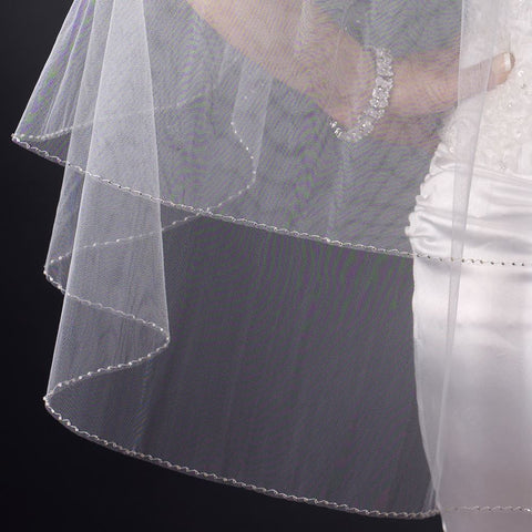 Double Layer Fingertip Length Bugle Bead Edge Bridal Wedding Veil FC V 0618 F White
