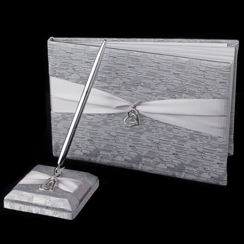 Silver Ribbon & Silver Heart Bridal Wedding Guest Book & Pen Set 722