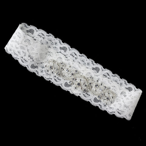 White Lace Stretch Bridal Wedding Headband with Beaded Rhinestone & Swarovski Crystal Bead Accents