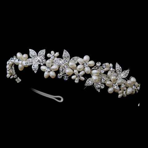 Silver Ivory Pearl & Clear Rhinestone Floral Side Accented Bridal Wedding Headpiece 1125