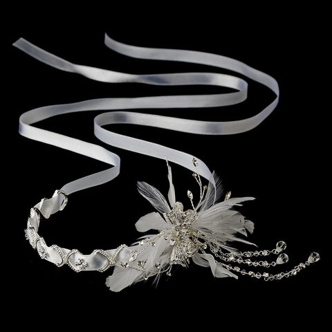 Elegant Ribbon Headpiece w/ Vintage Feather Side Accent HP-1532 White Only