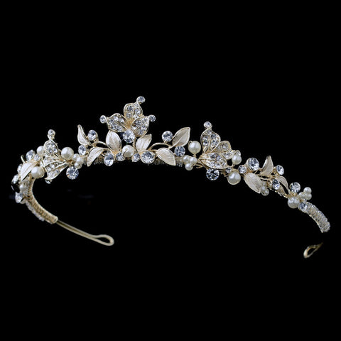 Light Gold Rhinestone & Ivory Pearl Bridal Wedding Tiara 1535