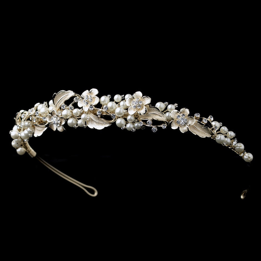 Light Gold Ivory Pearl & Rhinestone Floral Bridal Wedding Headband 1539