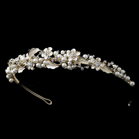 Light Gold Ivory Pearl & Rhinestone Floral Bridal Wedding Headband 1539