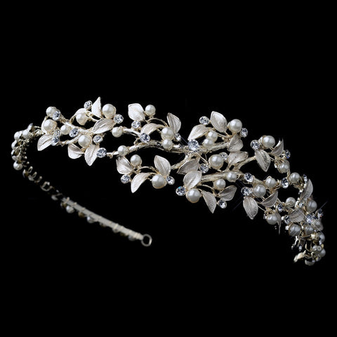 Light Gold Ivory Pearl & Rhinestone Vine Bridal Wedding Side Headband 1542