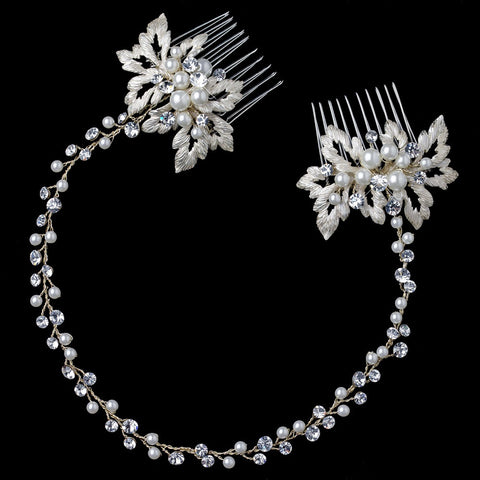 Light Gold Clear Rhinestone & Ivory Pearl Floral Vine Bridal Wedding Hair Comb
