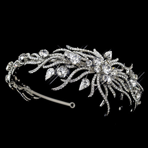 Antique Silver Clear Multi Cut Rhinestone Spiral Side Accented Bridal Wedding Headpiece 1782