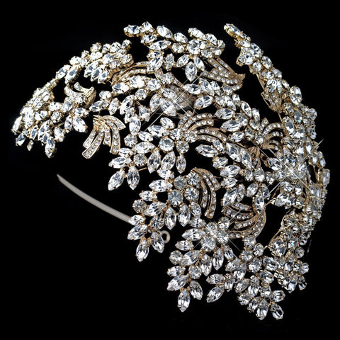 Gold Clear Marquise Rhinestone Wired Deco Side Accented Bridal Wedding Headband 19255