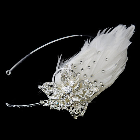 * Silver Clear Rhinestone & Ivory Feather Side Accented Bridal Wedding Headband Headpiece 2013