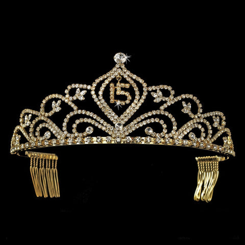 Vintage Rhinestone Sweet 15 Quinceanera Bridal Wedding Tiara in Gold 242