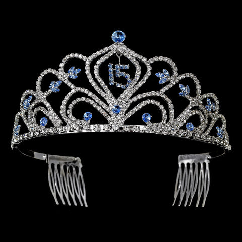 Blue Vintage Rhinestone Sweet 15 Quinceanera Bridal Wedding Tiara in Silver 242