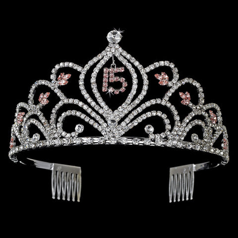 Pink Vintage Rhinestone Sweet 15 Quinceanera Bridal Wedding Tiara in Silver 242