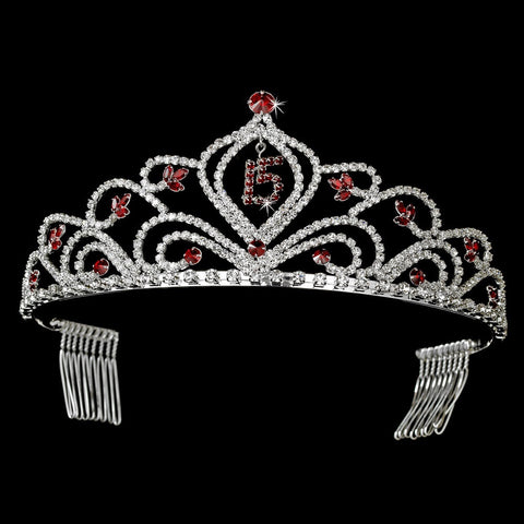 Vintage Red Rhinestone Sweet 15 Quinceanera Bridal Wedding Tiara in Silver 242
