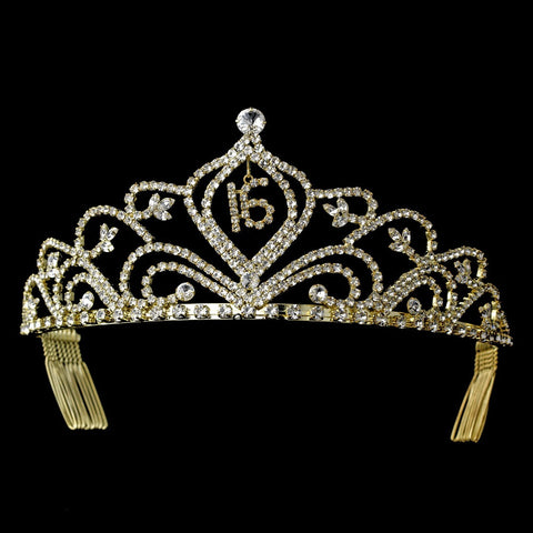 Sparkling Vintage Rhinestone Sweet 16 Bridal Wedding Tiara in Gold 242