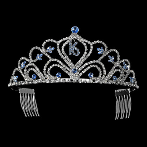 Sparkling Vintage Blue Rhinestone Sweet 16 Bridal Wedding Tiara in Silver 242