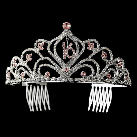 Sparkling Vintage Pink Rhinestone Sweet 16 Bridal Wedding Tiara in Silver 242