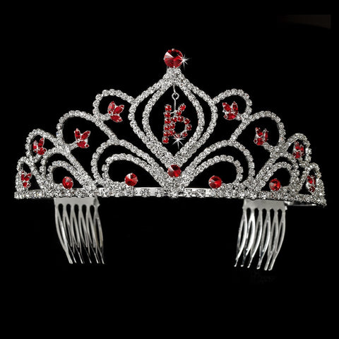 Sparkling Vintage Red Rhinestone Sweet 16 Bridal Wedding Tiara in Silver 242