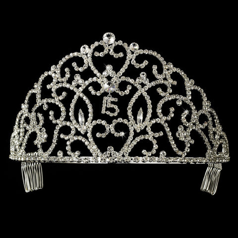Royal Sweet 15 Quinceanera Silver Headpiece Covered in Clear & Rhinestones 251