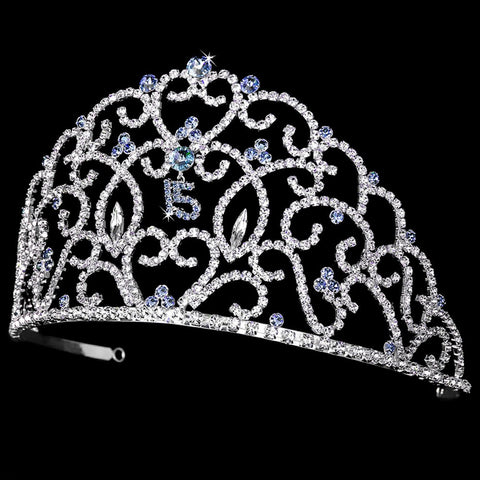Royal Sweet 15 Quinceanera Silver Headpiece Covered in Clear & Light Blue Rhinestones 251