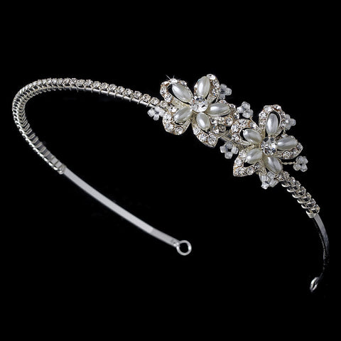 Silver Rhinestone Adored Bridal Wedding Headband with White Side Accents of Faux Pearl Flowers 2853