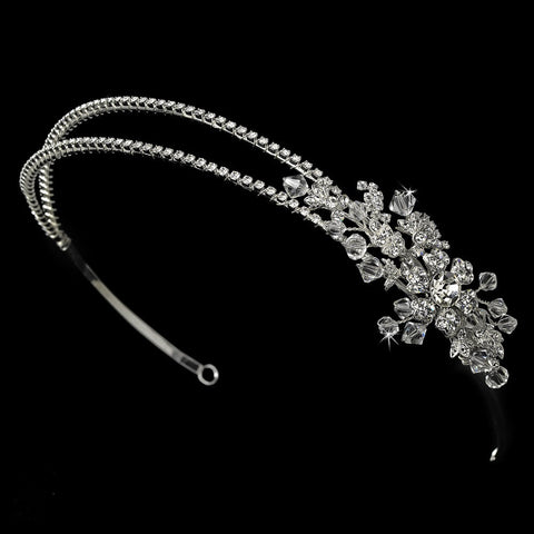 Silver Double Rhinestone Bridal Wedding Headband with Crystal Ornate Side Accent HP 2913