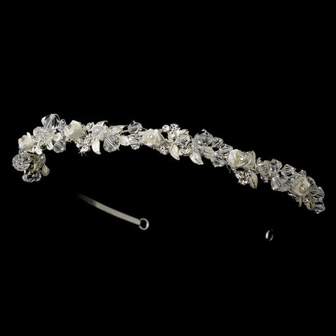 Crystals & Porcelain Flowers Silver Bridal Wedding Headband Headpiece 3890