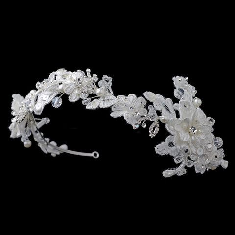Silver Ivory Floral Lace Bridal Wedding Side Headband with Pearl, Swarovski Crystal, Rhinestone & Sequin Accents