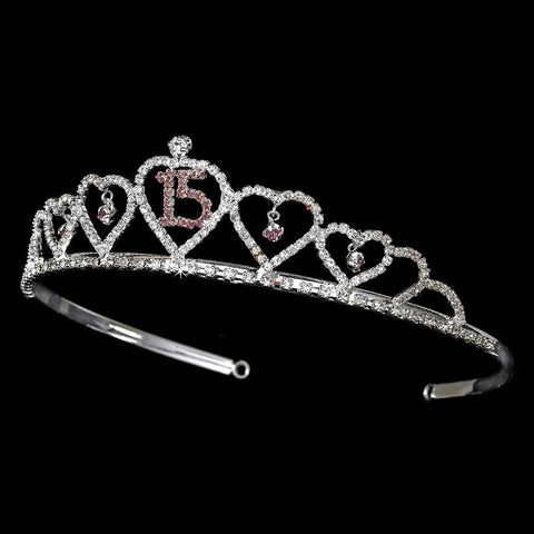 Sweet 15 Quinceanera Bridal Wedding Tiara Covered in Clear & Pink Rhinestones 460