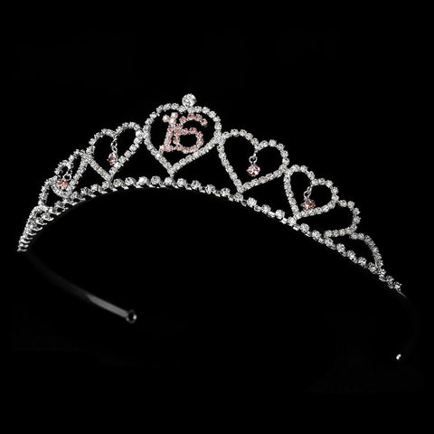 Sweet 16 Silver Plated Bridal Wedding Tiara Covered in Clear & Pink Rhinestones 460