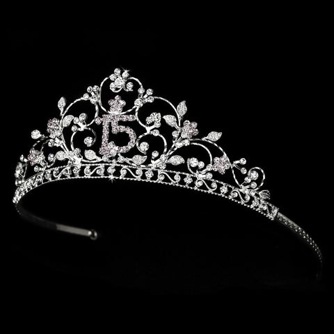 Shimmering Sweet 15 Quinceanera Light Amethyst Rhinestone Bridal Wedding Tiara in Silver 466