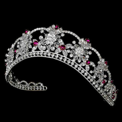Sparkling Rhinestone & Swarovski Crystal Covered Bridal Wedding Tiara with Fuchsia Accents in Silver 523