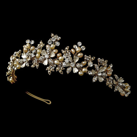 * Gold Champagne Rum Bridal Wedding Pearl Wedding Bridal Wedding Tiara HP 5483