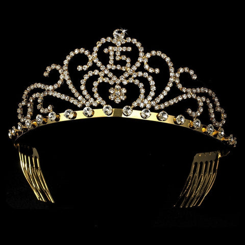 Radiant Gold Rhinestone Birthday Bridal Wedding Tiara Available in Sweet 15 or 16 Silver 6031