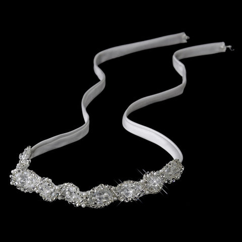 Crystal & Pearl Bridal Wedding White Ribbon Bridal Wedding Headband Headpiece 6474