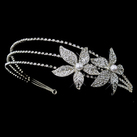 Antique Silver White Pearl & Rhinestone Floral Side Accented Bridal Wedding Headband 668