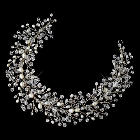 Silver Vine Bridal Wedding Headband with Freshwater Pearl, Swarovski Crystal Bead & Rhinestone Accents 6903