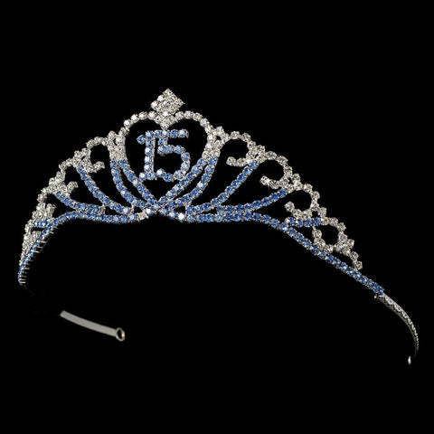 Sparkling Light Blue Covered Quinceanera Rhinestone Bridal Wedding Tiara in Silver 7032