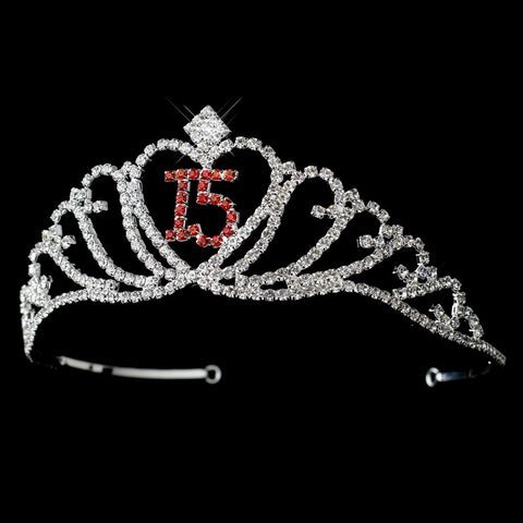 Sparkling Red Majestic Quinceanera Rhinestone Bridal Wedding Tiara in Silver 7032