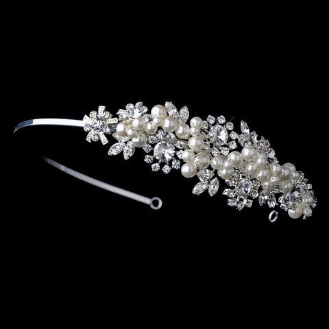 Silver Clear Crystal & Pearl Side Accented Bridal Wedding Headband Headpiece 753