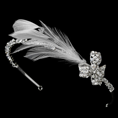 * Elegant Silver Rhinestone Sparkle Bridal Wedding Headband with Glistening Feather & Bow Side Accent - HP 7799