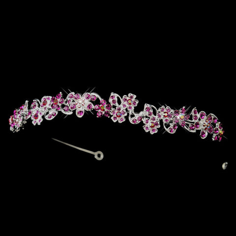 Silver Fuchsia & AB Rhinestone Flower Bridal Wedding Headpiece 8233