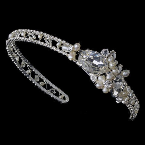 Elegant Silver Rhinestone & Natural Pearl Side Accented Bridal Wedding Headband - HP 8336